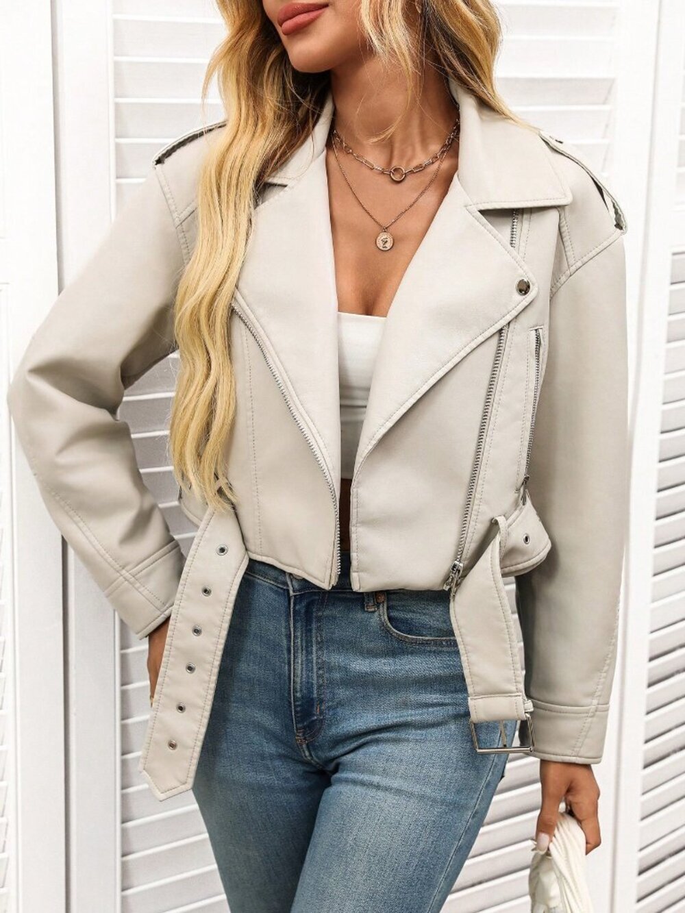 New Casual Women's Minimalist Zip-Up faux leather moto Short Jacket - Picture 3 of 8